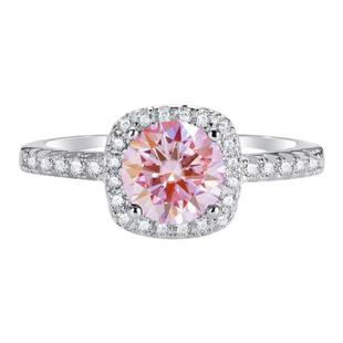 右手等待冰莓粉公主方包1克拉莫桑石钻戒S925银情侣闭口圈戒指女