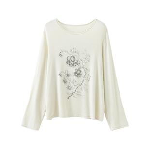 popchrio◆莱赛尔亚麻混纺圆领印花长袖T恤宽松休闲打底衫上衣女