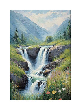 手绘奶油风流水生财玄关挂画