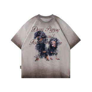 BJHG不计后果 腊肠狗t恤短袖男款夏季复古做旧斑驳感纯棉针织半袖