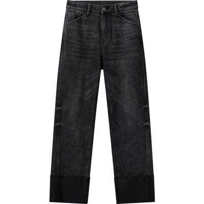 播商场同款卷边直筒牛仔裤女25春秋新款宽松黑色长裤BDS1KD1522