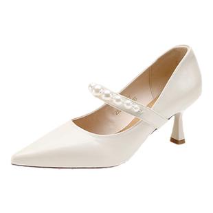 法式尖头浅口单鞋女款2025新款夏季珍珠一字带低跟玛丽珍鞋小皮鞋