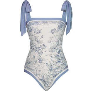 visual mood泳衣女高端小众复古法式双面印花显瘦温泉连体游泳装