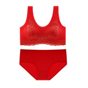 浪莎红色内衣女本命年套装小胸聚拢胸罩无钢圈文胸内裤新娘结婚DT