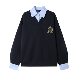 白鹿语减龄衬衫领假两件上衣春秋款甜美学院风刺绣标卫衣女