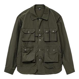 马登工装美式复古猎装衬衫薄款梭织多口袋军绿色长袖衬衫外套男春