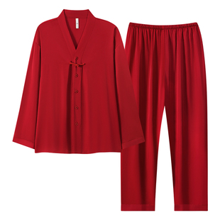 牧柔V领2026新款男款开衫式简约风秋季宽松长袖男士睡衣休闲纽扣