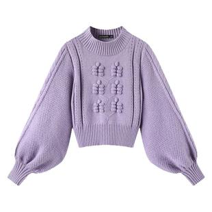 拉夏贝尔/La Chapelle秋冬半高领灯笼袖套头毛衣女短款针织衫上衣