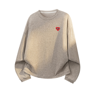 查尔斯桃心绵羊绒长袖T恤春秋宽松圆领美式复古精简风情侣上衣潮