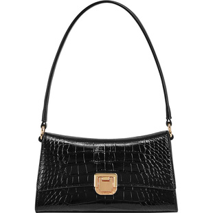 妙迪法棍腋下包新款鳄鱼纹头层牛皮单肩包轻奢通勤斜挎黑色包包女