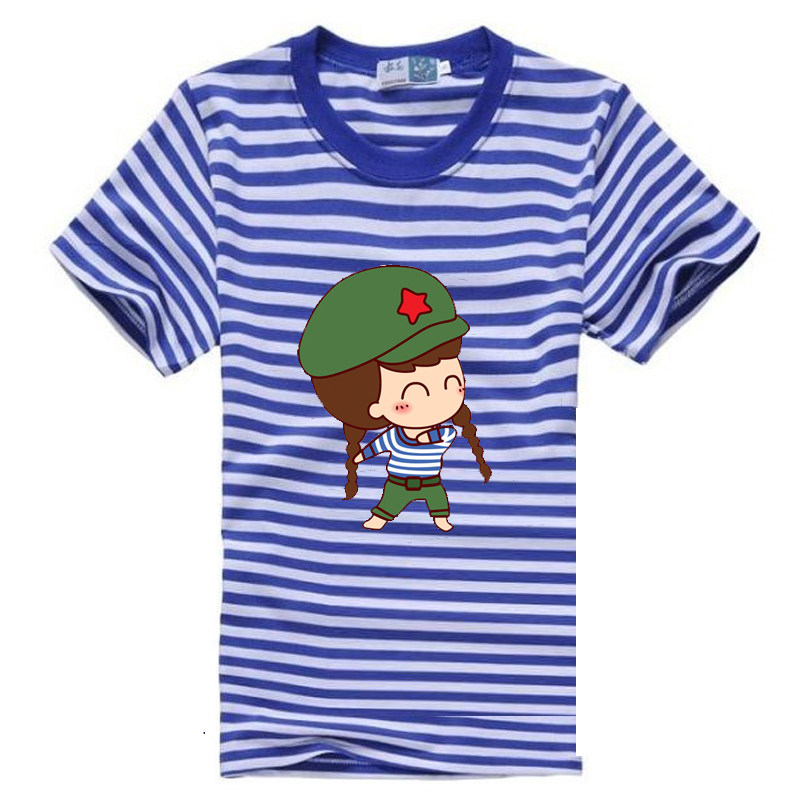 梅花海魂衫短袖纯棉亲子装t恤蓝白条男女情侣装水手班服定制LOGO