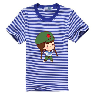 梅花海魂衫短袖纯棉亲子装t恤蓝白条男女情侣装水手班服定制LOGO