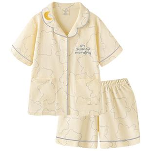 【设计师系列】睡衣女夏天薄款短袖短裤套装新款开衫纯棉家居服套