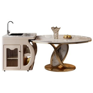 Mobeier 轻奢岩板岛台圆餐桌一体可伸缩小户型分离式水槽高级倒台