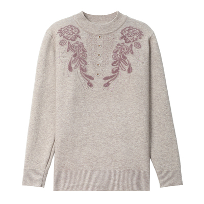 赋妤中老年绣花加厚一体绒羊毛衣