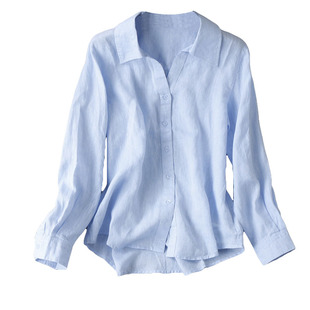 随性利落~春夏休闲高及亮色翻领长袖宽松休闲亚麻显瘦衬衫上衣女