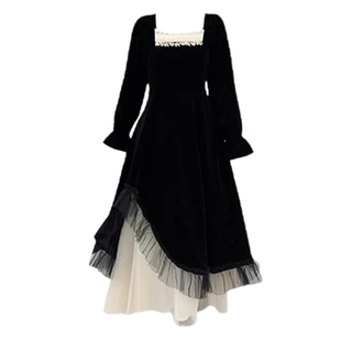 大码胖mm甜美复古网纱拼接收腰丝绒连衣裙女秋冬显瘦中长公主裙子