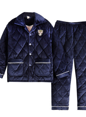 冬季夹棉睡衣加绒保暖家居服男士