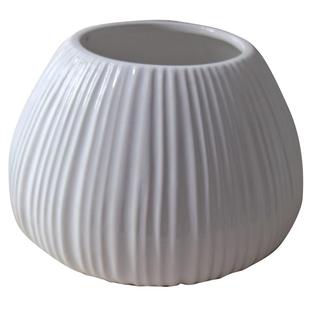 简约釉面矮款条纹白色圆形陶瓷花瓶花器家居装饰摆设餐桌摆件包邮