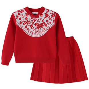 安奈儿童装女童毛衣裙子套装2026春新年款红色保暖弹力百褶毛衣裙