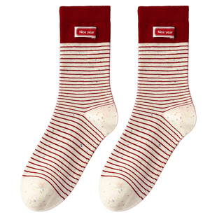 袜子女秋冬款蝴蝶结纯棉中筒袜2026马年属马大红新年袜本命年长袜