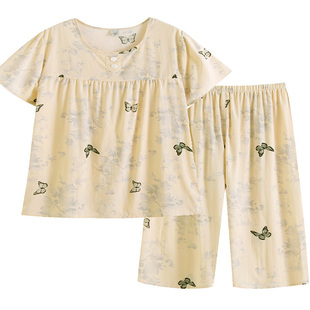 夏季棉绸睡衣女士薄款绵绸短袖七分裤加大加肥套装人造棉家居服