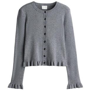 HM女装毛针织衫红色毛衣保暖休闲极简喇叭袖针织开衫1295387