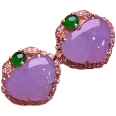 天然冰种紫罗兰玉心形耳钉S925银