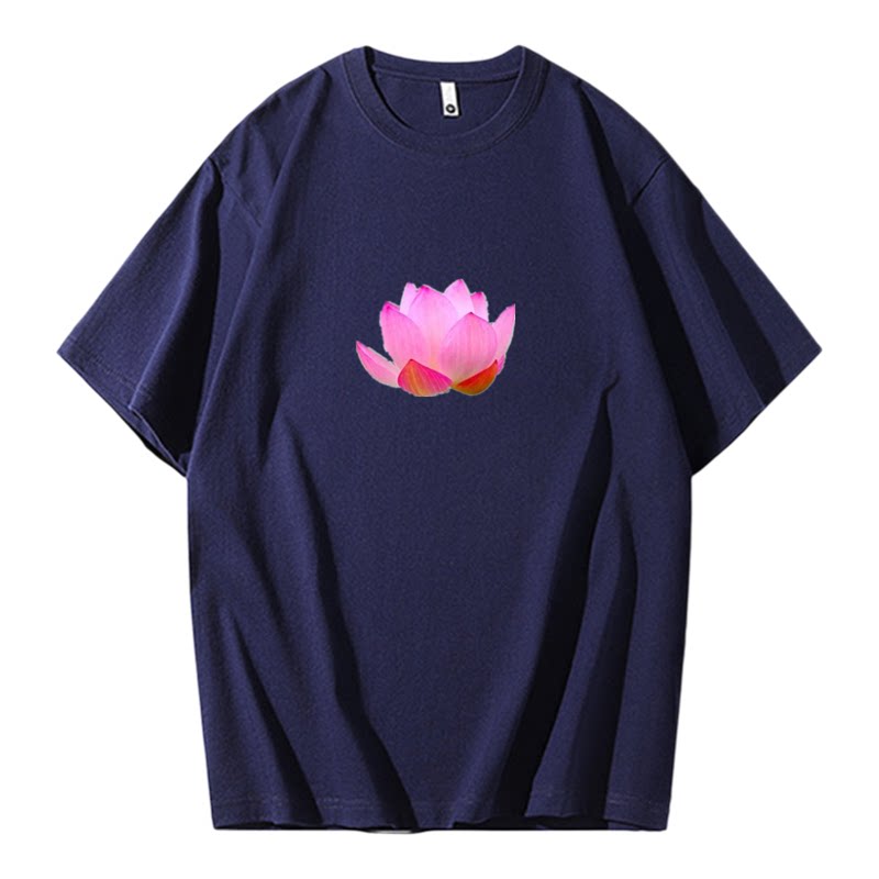 卡通风荷花印花短袖T恤男女纯棉宽松圆领百搭上衣