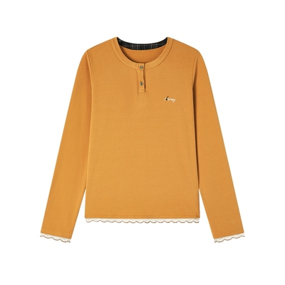 飞鸟和新酒花边拼接设计感长袖T恤女2025冬新款绣花圆领内搭上衣