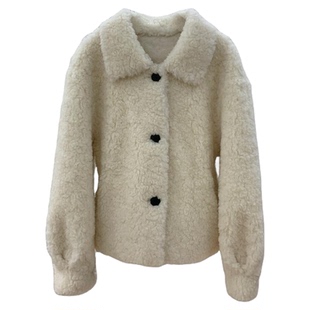 韩里韩气 100绵羊羔毛皮毛一体2025新款短款翻领上衣毛毛外套女冬