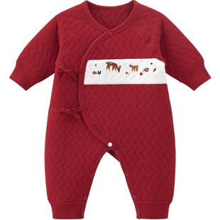 新生婴儿连体衣秋冬季夹丝棉保暖和尚服宝宝红色满月喜庆新年哈衣