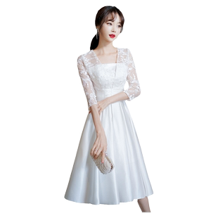 白色领证登记小白裙女平时可穿小个子轻婚纱缎面小礼服订婚连衣裙