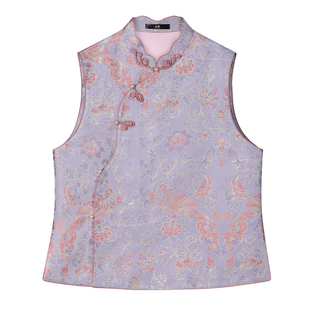 中国丝绸隆鹊[陆美英凤穿牡丹]宋锦花瓣领马甲新中式国风桑蚕丝女