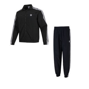 adidas阿迪达斯三叶草两件套女款黑色夹克长裤三条纹运动服套装男