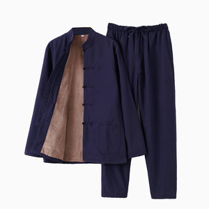 秋冬唐装男加绒保暖套装复古汉服中老年加厚棉袄中国风棉衣居士服