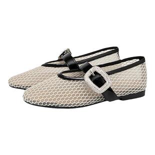 MIO米奥夏季单鞋平底鞋镂空渔网玛丽珍一字扣带芭蕾舞鞋女鞋