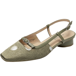 千百度低跟后空一字带时装凉鞋女新款包头通勤真皮凉鞋气质百搭