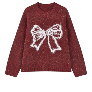 秋水伊人经典圆领红色毛针织衫2025年冬季新款小清新风蝴蝶结上衣