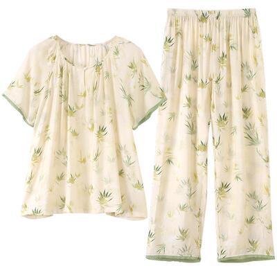 睡衣女夏季天丝麻短袖长裤家居服