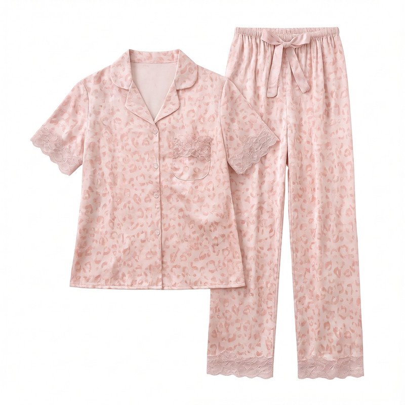 粉色豹纹高级感短袖带胸垫家居服