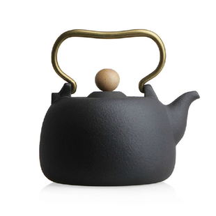 台湾原产进口建窑月泉壶纯铜提梁五行壶煮茶烧水电陶炉火山泥陶壶