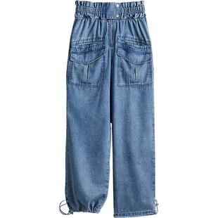 HM女装牛仔裤春季斜纹布工装裤直筒松紧抽绳长裤1244893