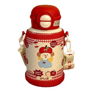 苹果小狗保温杯大容量女生高颜值水杯带吸管新款学生双饮杯子斜挎
