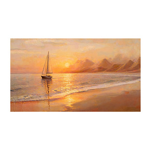 大芬村现代纯手绘油画海上日出客厅装饰画高级感小众横幅海浪挂画