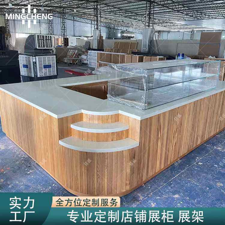 早餐店面包烘焙展示台玻璃木纹饰面牛角包甜点货柜展示柜弧形柜台