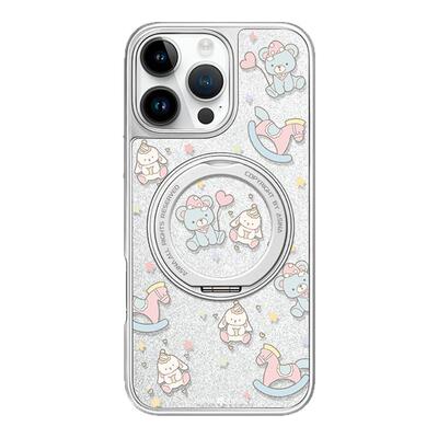 熊仔兔兔适用苹果16Promax手机壳新款iPhone15Pro磁吸带支架套Qo1支点好看女可爱ip14高级感闪粉13pm全包