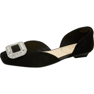 康莉真皮水钻方扣低跟单鞋女2026年春夏新款平底百搭气质中空凉鞋