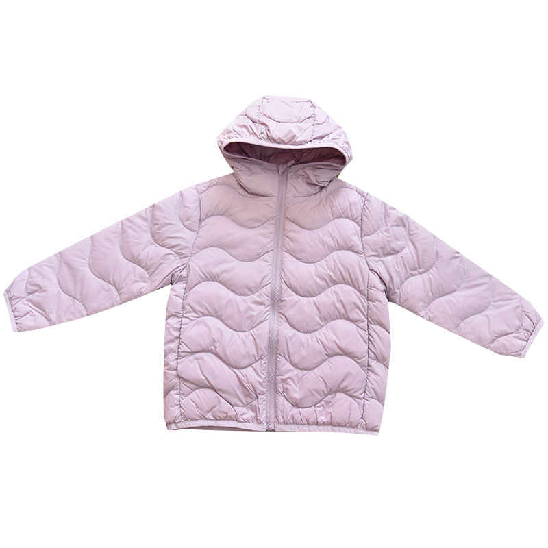 女童90白鸭绒纯色波浪纹连帽羽绒服 儿童轻薄外套上衣 2025冬新款