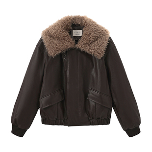 【nana同款】CUBIC白鸭绒宽松棕色毛领短款皮衣羽绒服外套EC6003